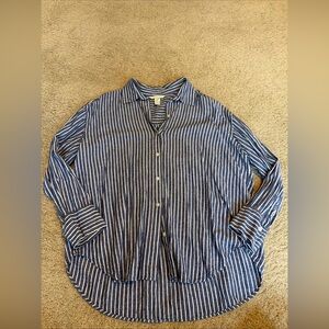 H&M Blue White Striped Linen Blend Button Down Long Sleeve Shirt Top Medium